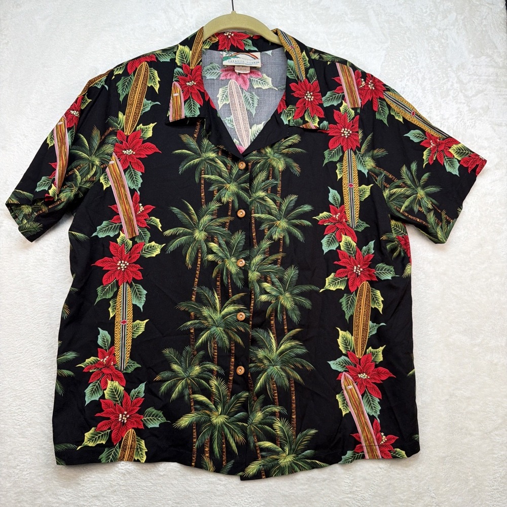 Vintage Paradise Found Hawaii Aloha Shirt Palm Tree Floral Rayon‎ Camp XL